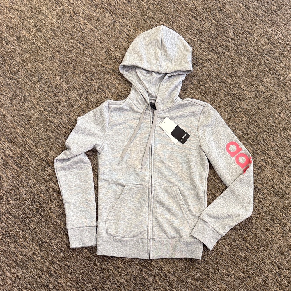 adidas Essentials Linear Full Zip Hoodie Medium Grey Heather/Bliss Pink XS
